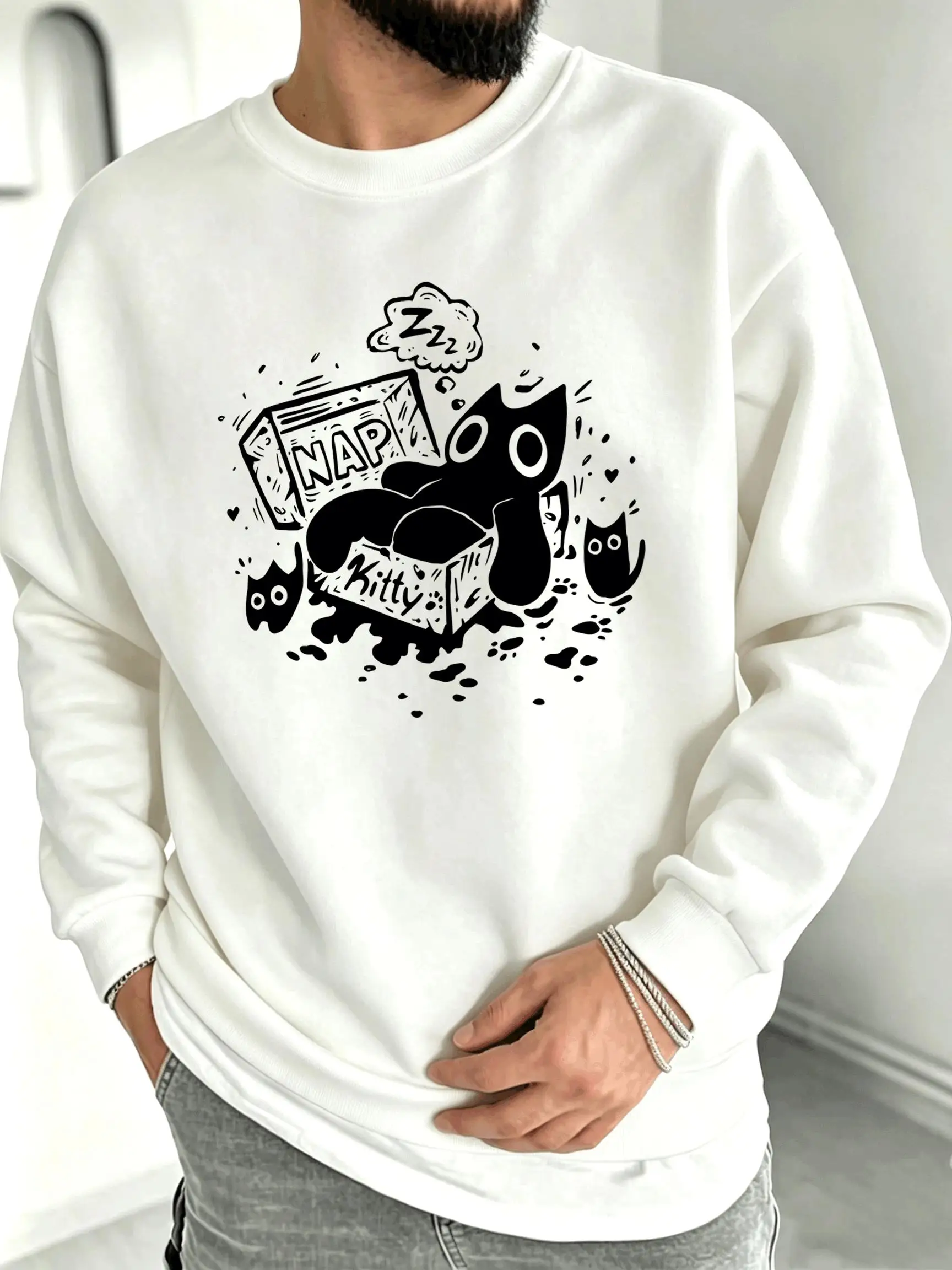 Sleeping Cat Nap Box Design Men'S Sweatshirt Loose Fleece Pullover Autumn O-Neck Korean Sportswear Unisex Multicolor Clothing