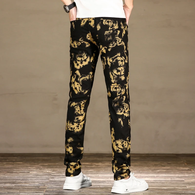Men's Slim black jeans high-end personalized printed jeans street fashion casual jeans men's pants
