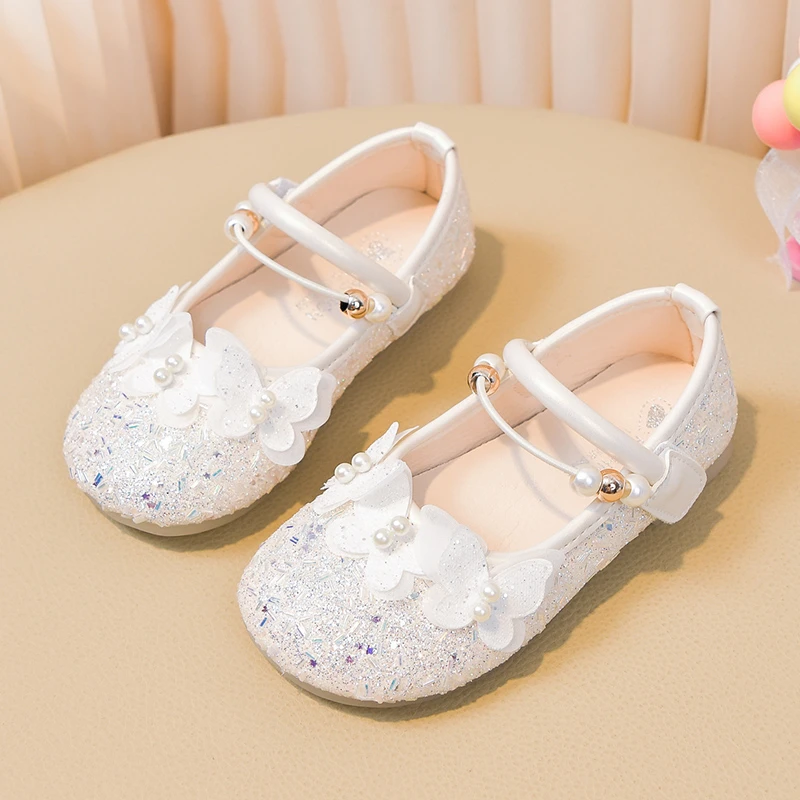 JGSHOWKITO Girls Glitter Ballet Flat Shoes Pearl Floral Children's Leather Shoes for Princess Catwalk Elegant Kids Dress Shoes