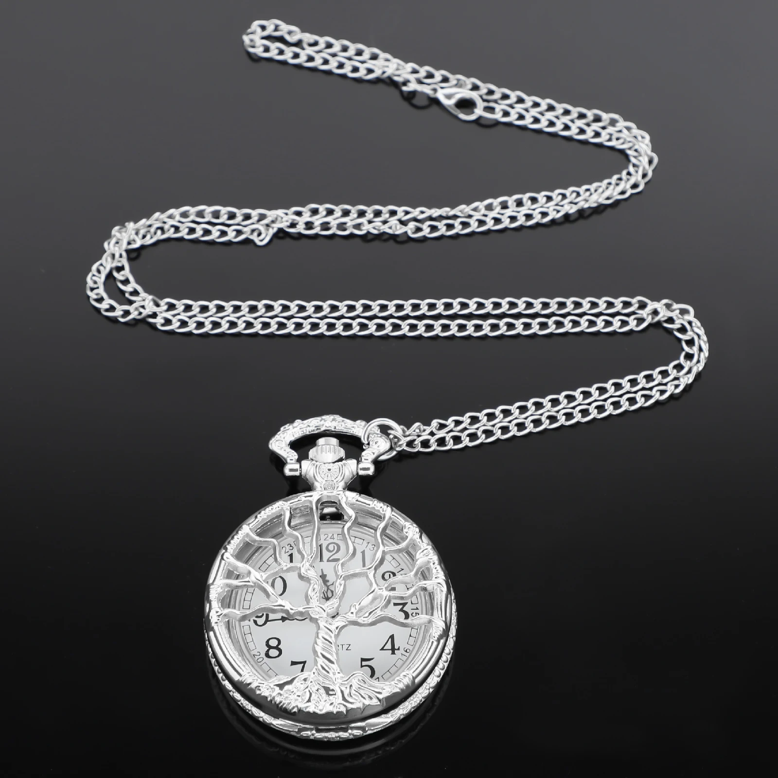 Fashion Silver Tree of Life Quartz Pocket Watch Retro Pocket Fob Watch Pendant Necklace Pocket Watch Men Womens Gift