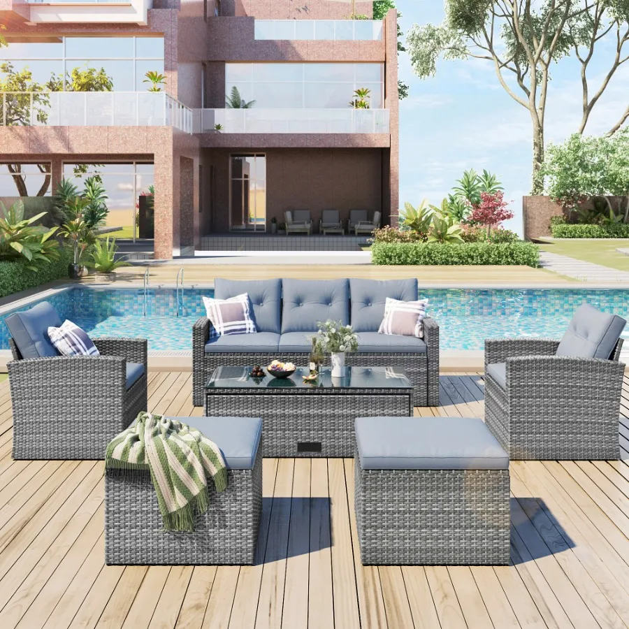 All-Weather PE Rattan Black Patio Outdoor Dining Conversation Sectional Set with Coffee Table Removable Cushions Beige