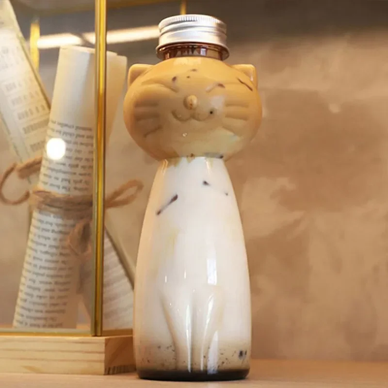 Diy Milk Tea Juice Bottles Beverage PET Water Bottle Cartoon Cat Drink Bottles  Disposable Takeaway Coffee Cup With Lids Decor