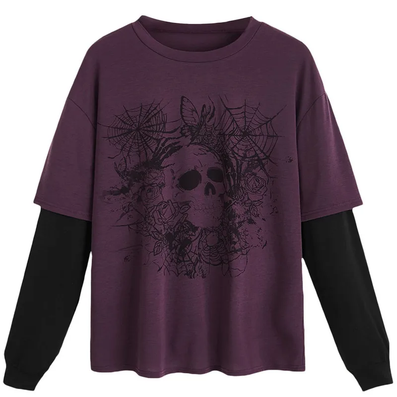 

Women Gothic T-shirts Loose Tops Spring Autumn Vintage Clothes Cartoon Skull Print Long Sleeve Fake Two Pieces Grunge Tops