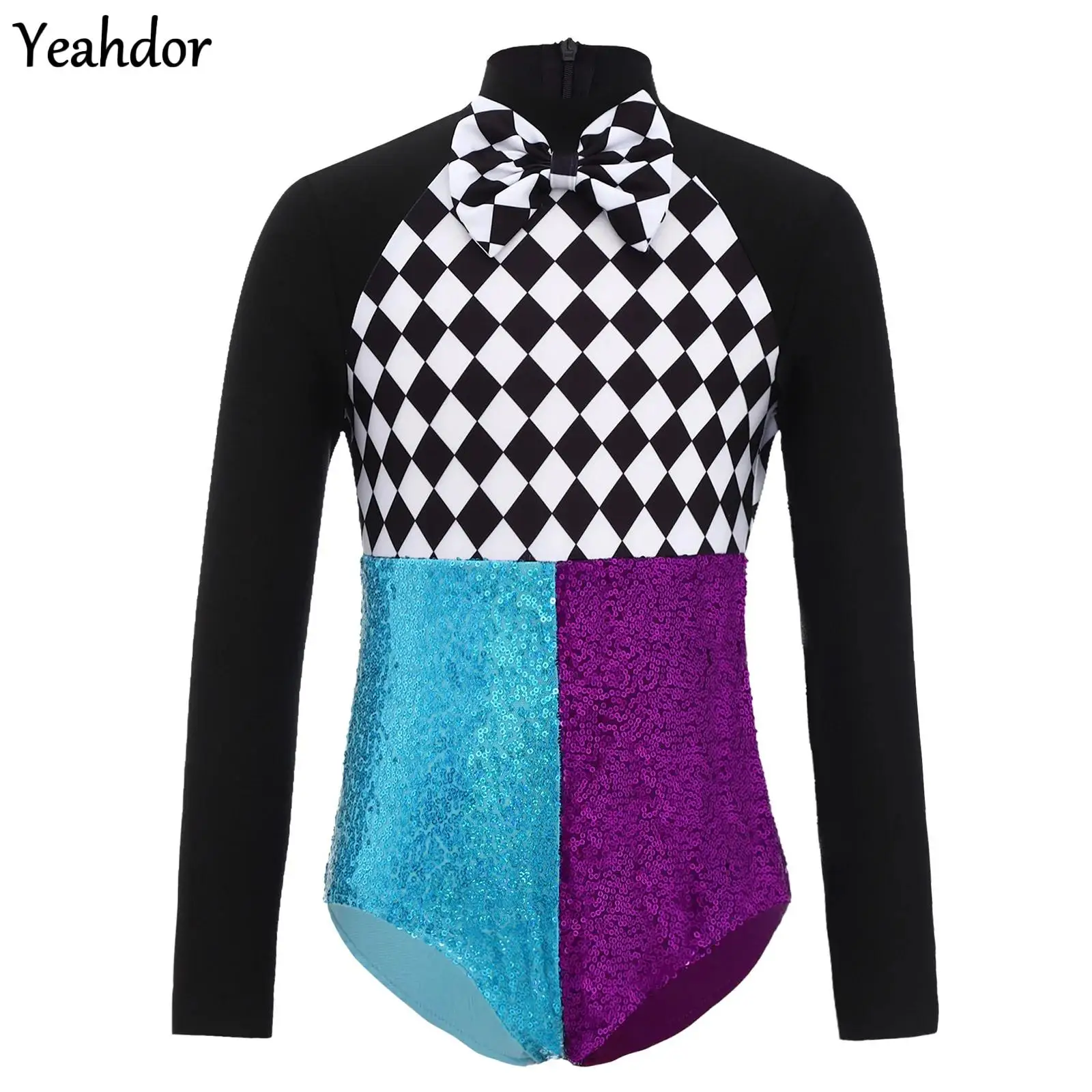 

Girls Racing Driver Jumpsuit Halloween Circus Cosplay Costume Long Sleeve Checkerboard Bow Tie Bodysuit Sequins Ballet Leotards