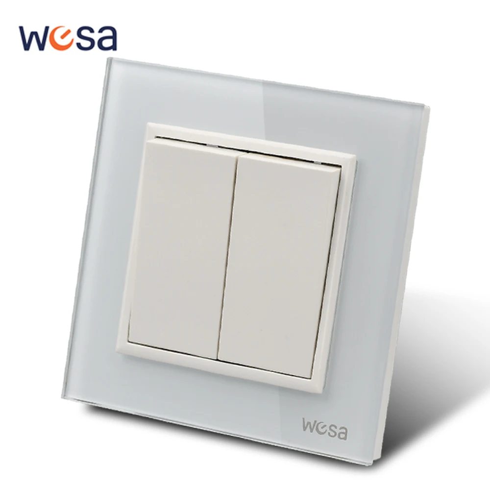 

WESA Luxury Crystal Tempered Glass Panel White Wall Switch Flame retardant 2 Gang 1 Way Wall Rocker Switch On / Off 16A AC 250V