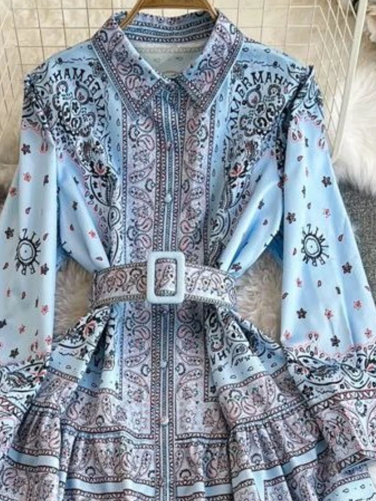 Elegant Print Shirt Dress Women 2025 Korean Style Vintage Long Sleeve Turn Down Collar Waist Belt A Line Maxi Floral Boho Outfit