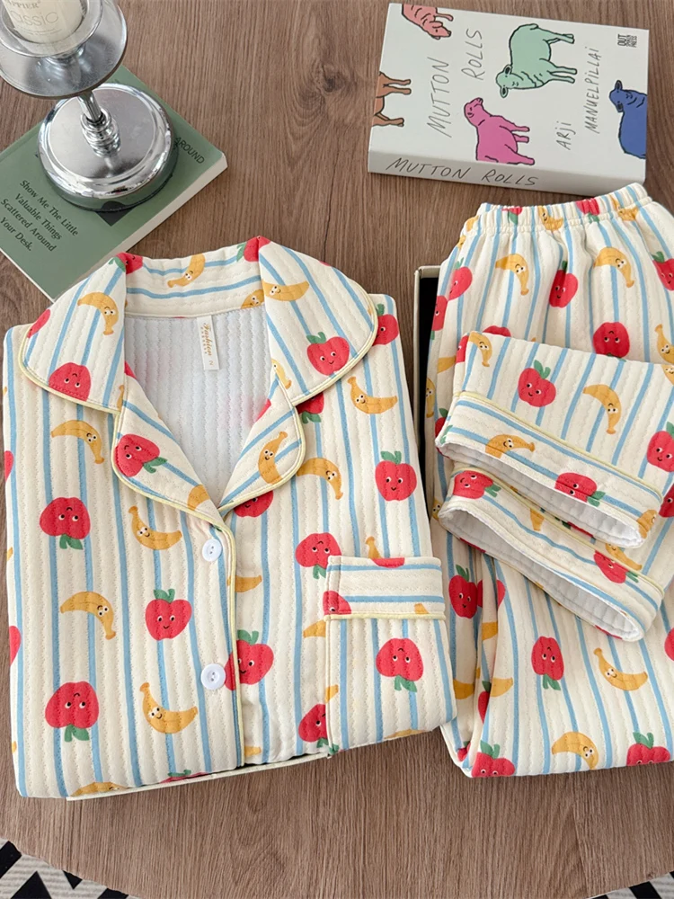 

Cartoon Stripe Sleepwear Women's Autumn Winter Air Cotton Stand Collar Jacket Home Clothes Set Long Sleeve Straight Leg