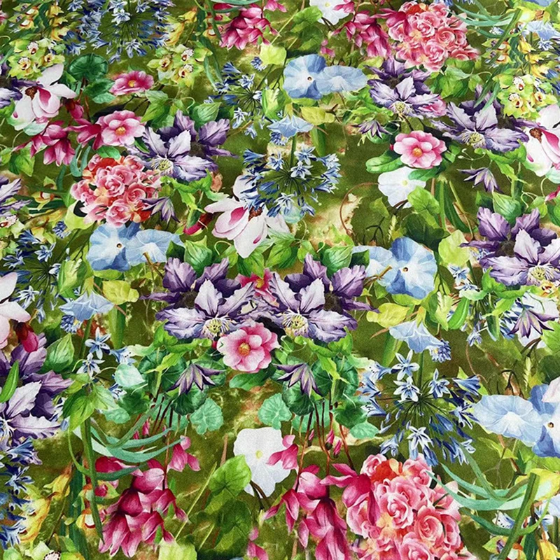 108CM Wide 30MM Colorful Floral Printed Stretch Green Heavy Silk Crepe Fabric for DIY Sewing Autumn Dress Pants Pajamas R7160-2