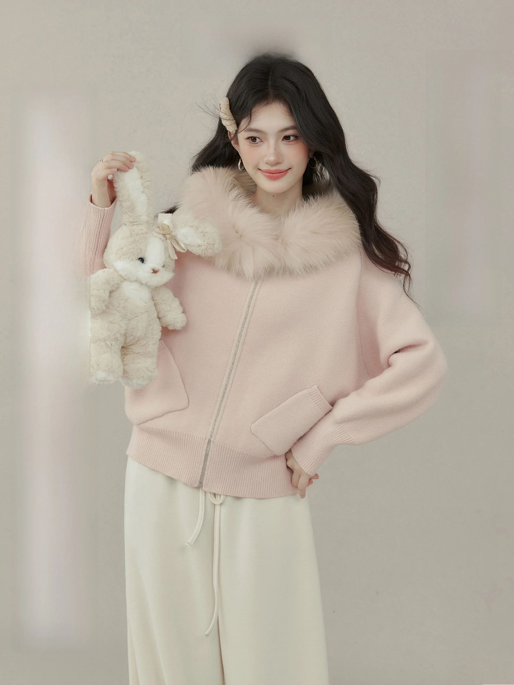 

Теплый зимний женский свитер Fce Hatl, топ, верхняя одежда, свободный крой, осень-зима, розовый меховой воротник, длинный све, застежка-молния