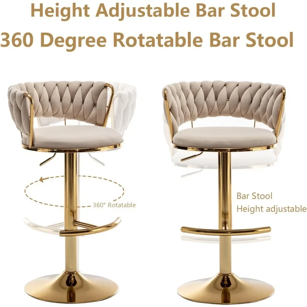 Gold Velvet Bar Stools Set, altura do contador, costas baixas, tamborete giratório para cozinha da ilha, conjunto de 4