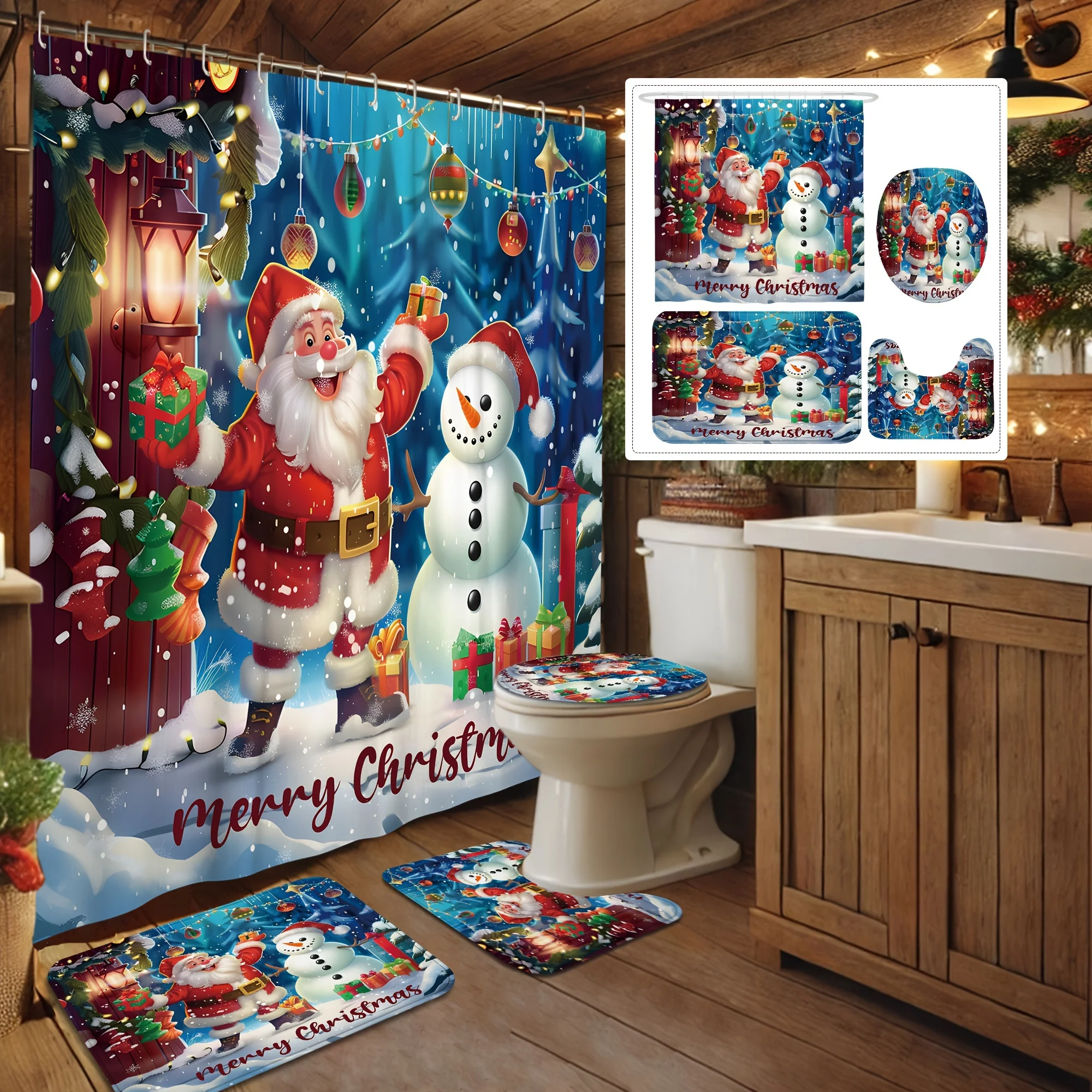 4Pcs Xmas Winter Bath Set,Snowman Santa Cartoon, Washable Red White Blue, 12 Hooks, Non-Slip U-Shaped Toilet Cover, Holiday Gift