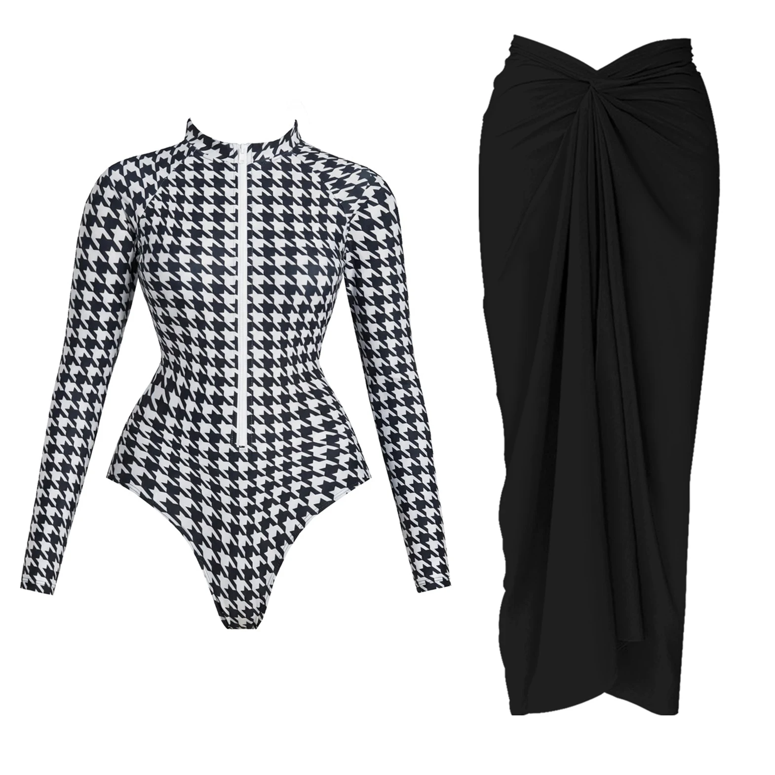 Sexy 2Pcs Swimsuit With Mini Skirt Women Bikini Push Up Swimwear Biquini Long Sleeve Monokini Swim Suit Bathingsuit Beachwear