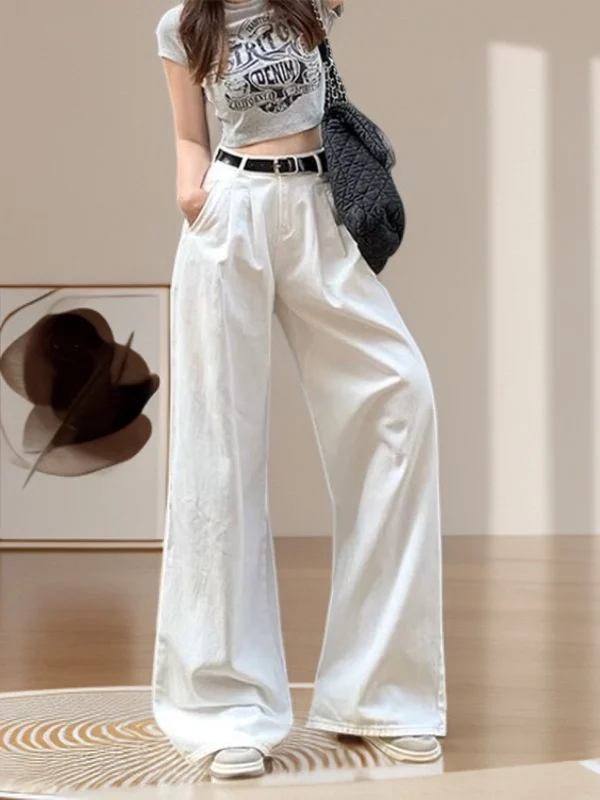 American Style High Waist Wide Leg Jeans Women's Spring Summer Autumn Loose Wrinkle Lazy Drape Straight Cut Pants