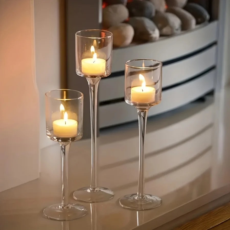 

3PCS Transparent Glass Candle Holder Set Elegant Gift Box European Dining Table Decor