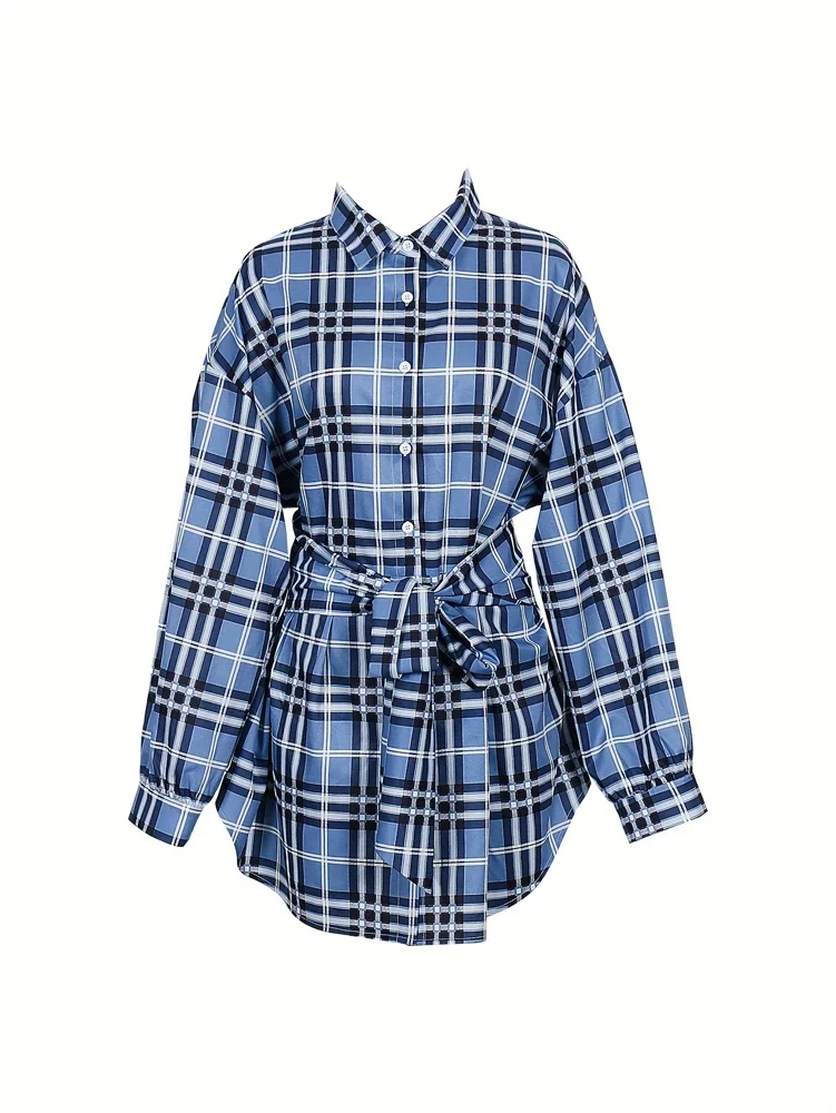 Women Plaid Shirt Dress Elastic High Waist Tie Waist Loose Button Down Shirt Dress Casual Oversized Plaid Blouse
