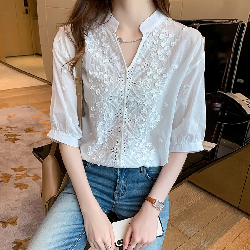 Summer Elegant Embroidery Fashion Spring Women Blouse Tops V-neck Lantern Sleeve White Shirt Vintage Cotton Female Clothes 24350