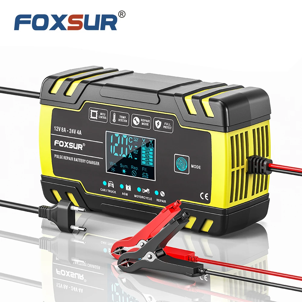 FOXSUR 12V 8A 24V 4A 3-stage Smart Battery Charger, 12V 24V EFB GEL AGM WET Car Battery Charger with LCD display & Desulfator