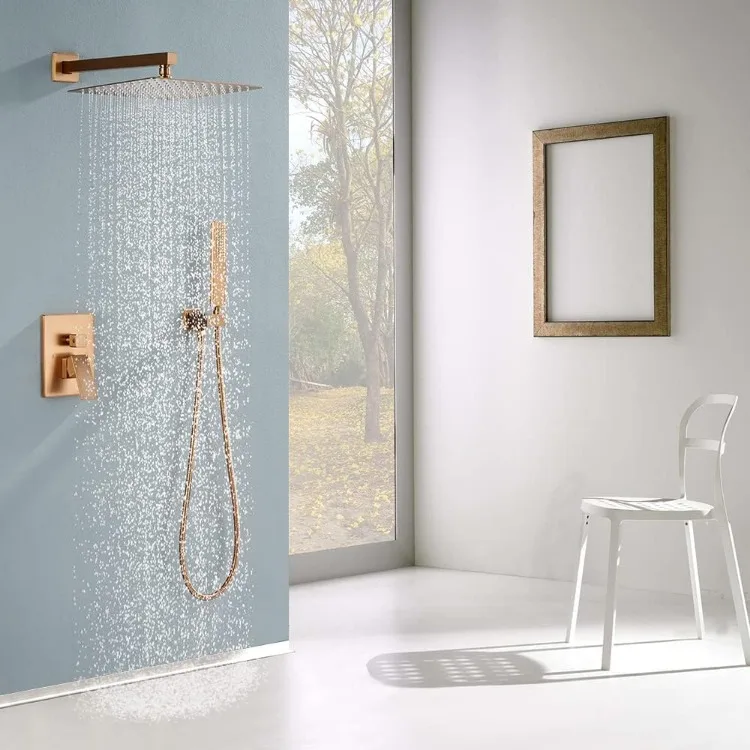 Brushed Rose Gold Rain Shower System with 12 Inch Shower Head and Handheld Bathroom Wall Mounted Shower Set Contain