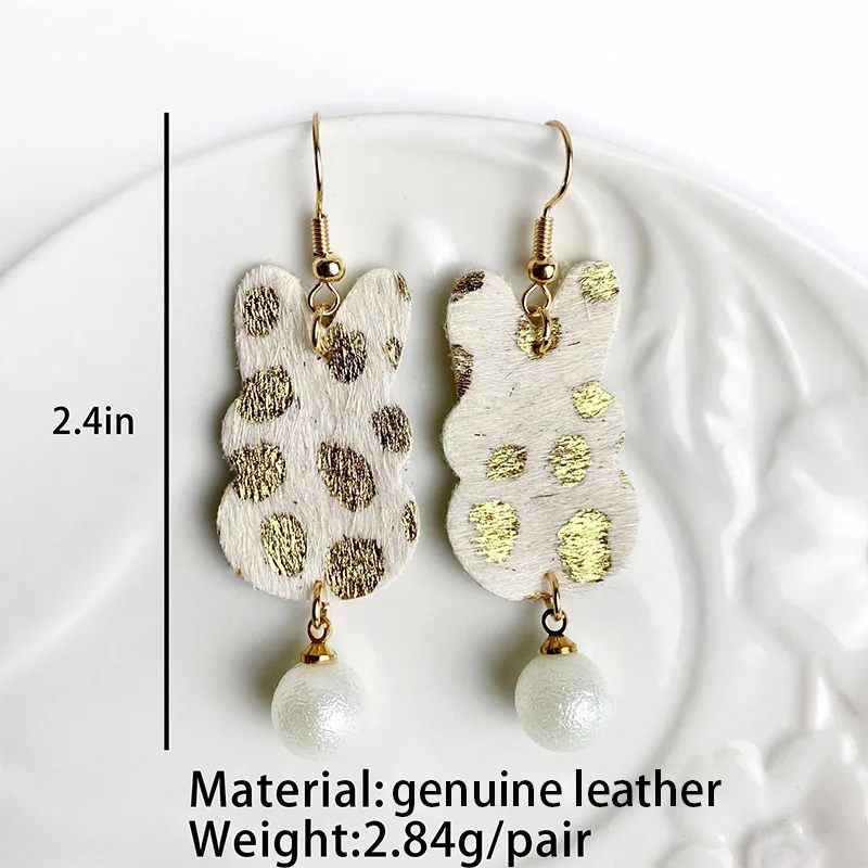 Easter Bunny Earrings Imitation Pearl Pendant Horsehair Gold Dots Leopard Print Cow Grain First Layer Cowhide Earrings for Women