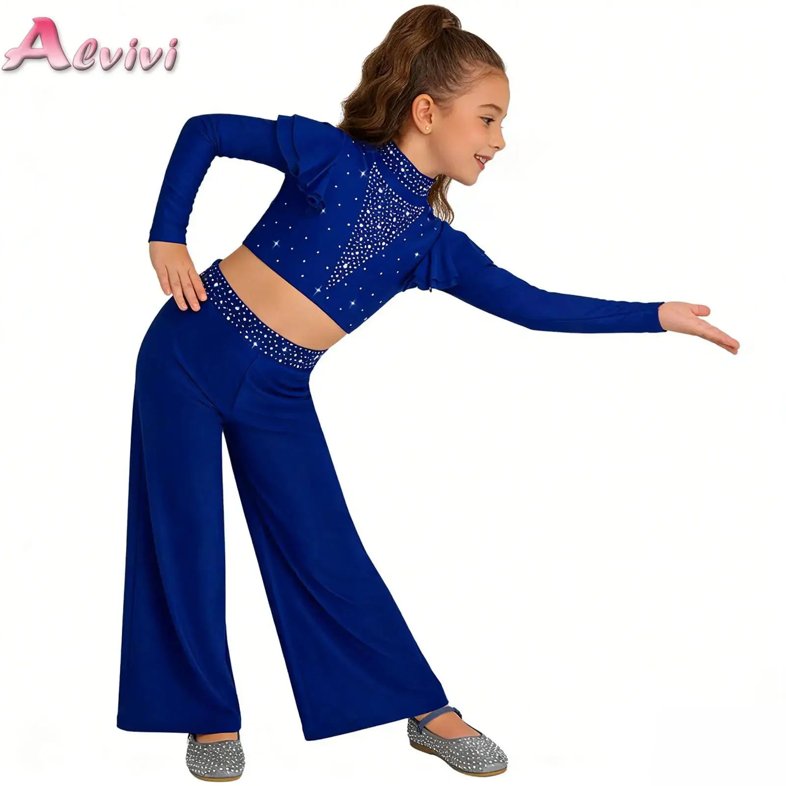

Kid Girls Two-piece Lyrical Dance Outfit Ruffle Long Sleeves Rhinestones Crop Top with Flared Pants Ballet Performance Dancewear