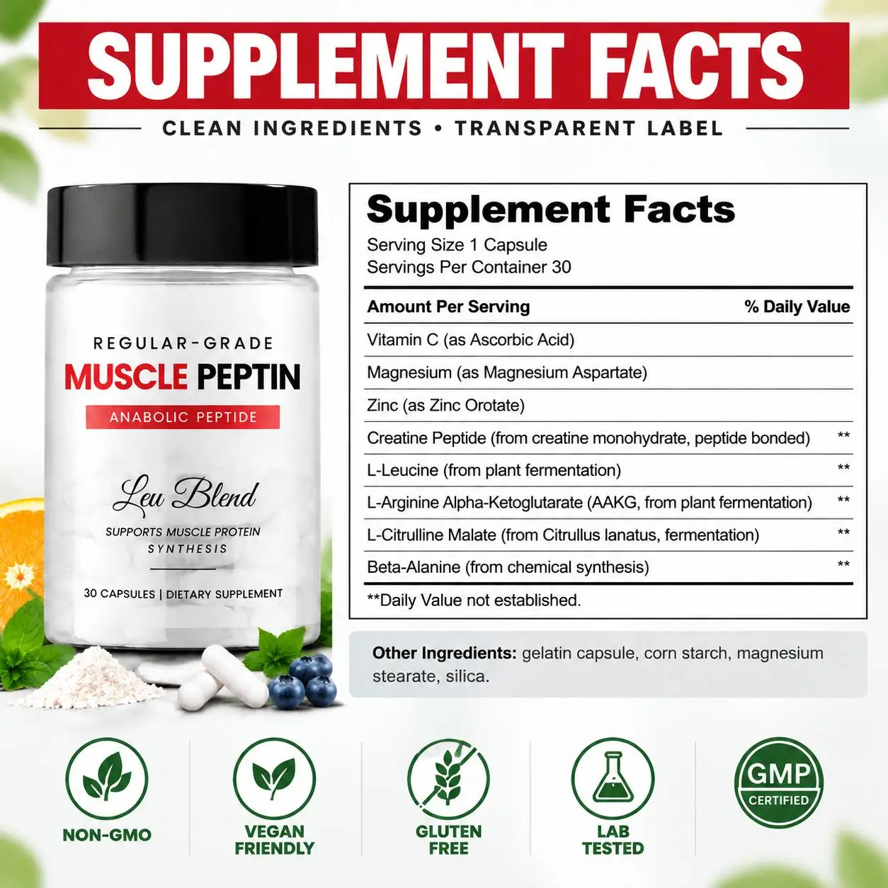 Muscle Building Capsules for Muscle Protein Synthesis & Workout Performance with Creatine Peptide, L-Leucine & AAKG, 30 Capsules