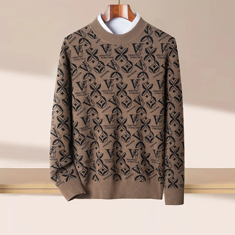

Luxury Goods, High-end Fashion, Printed Round Neck Long Sleeved Knitted Wool Sweater, Hoodie, Base Sweater, Men's Clothing