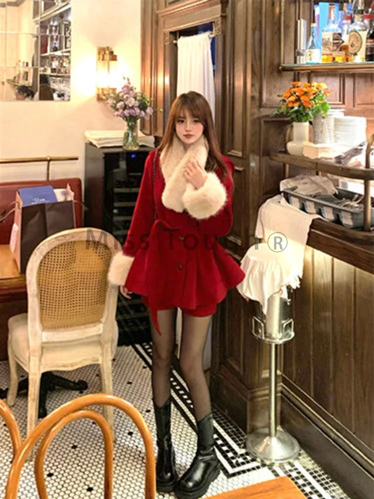 Winter Red Warm Christmas Two Piece Set Women Korean Fashion Sweet Skirt Suit Female Long Sleeve Vintage New Year Set 2024 New