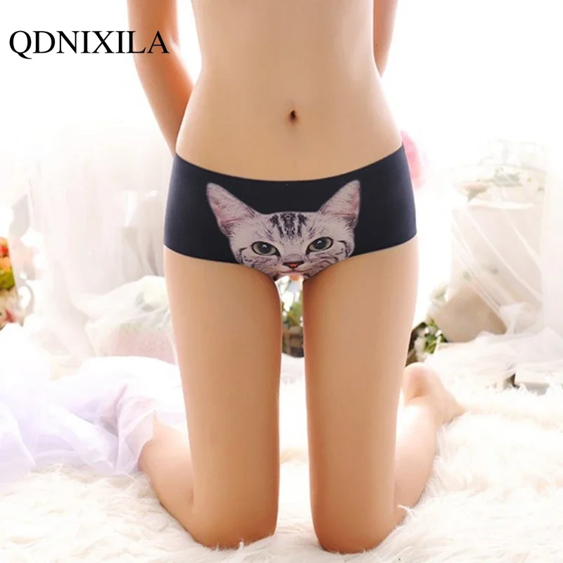 Cute Kitten Panties Women Sexy Ice Silk Girls Low-waist Briefs Cartoon Kawaii Anti-exposure Lingerie for Ladies Female Underwear