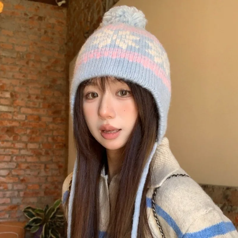 

Корейская ретро жаккардовая вязаная шапка с шариками волос, женская осенне-зимняя теплая шапка-бомбер на шнуровке с защитой ушей