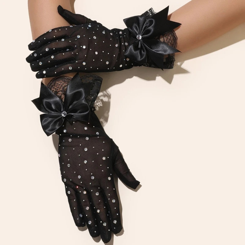 

Женские черные сетчатые блестящие кружевные перчатки со стразами и бантом, дышащие короткие перчатки для свадебной вечеринки для вечернего платья/торжественного случая