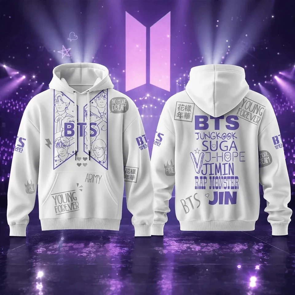 BTS Young Forever Hoodie Full Print Hooded Pullover Sweatshirt Kpop Member Portrait Graphic Fans Casual Streetwear Tops