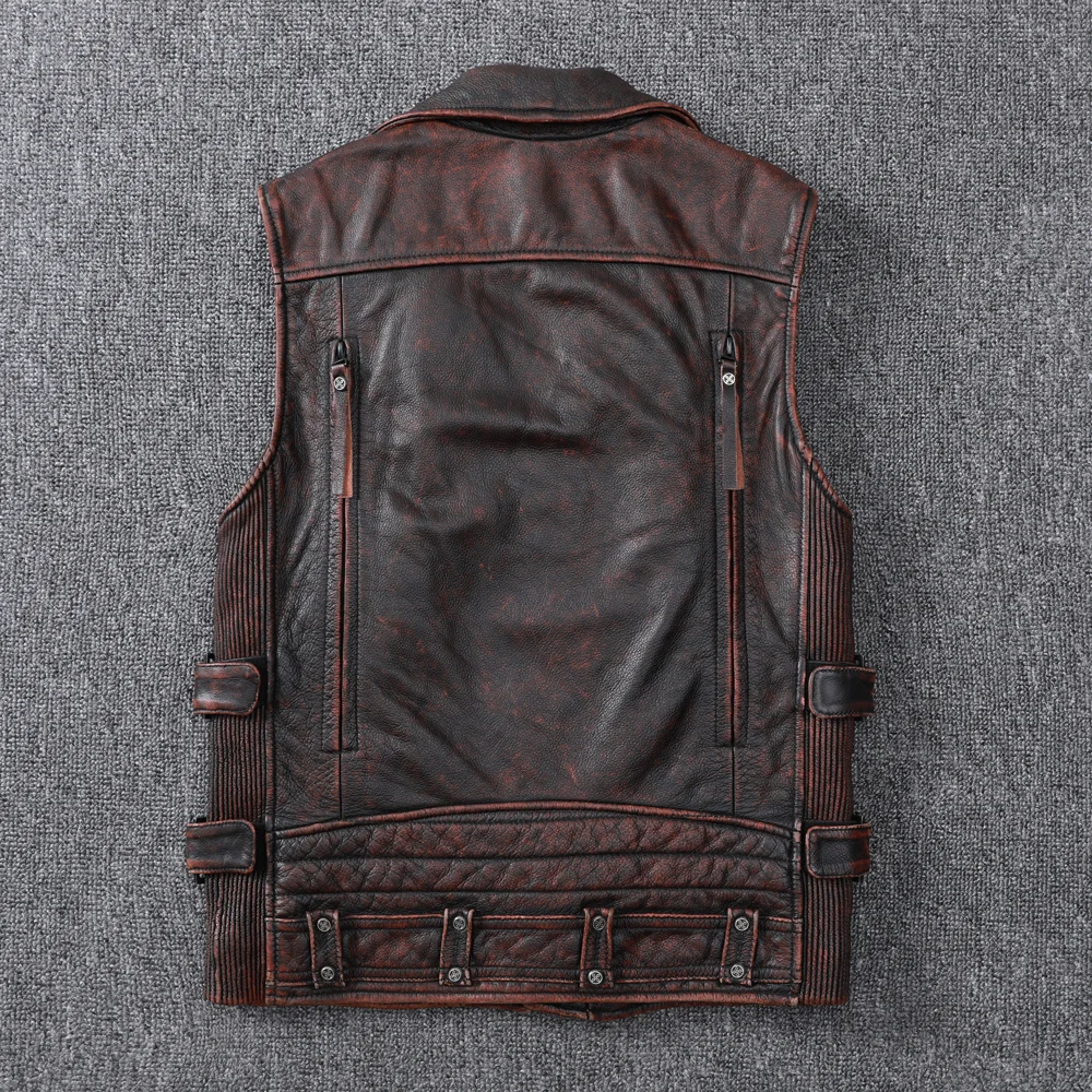 New Motorcycle Vest Head Layer Leather Leather Men Stone Ground To Do Old Vintage Short Lapel