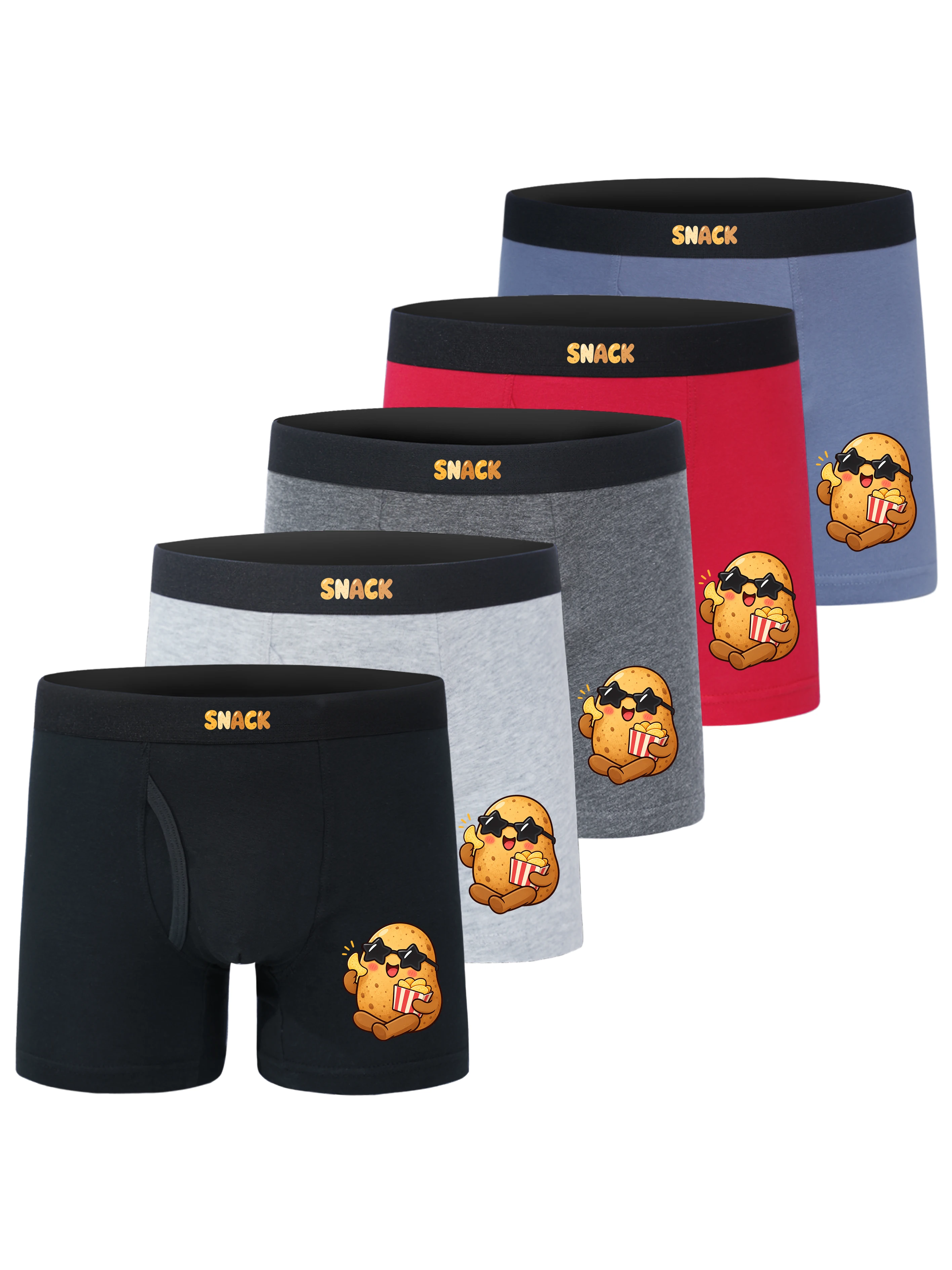 5 Pack 95% Cotton 5% Elastane Boys Open Fly Boxer Briefs Cute Potato With Popcorn SNACK Print Kids Soft Breathable Underwear For
