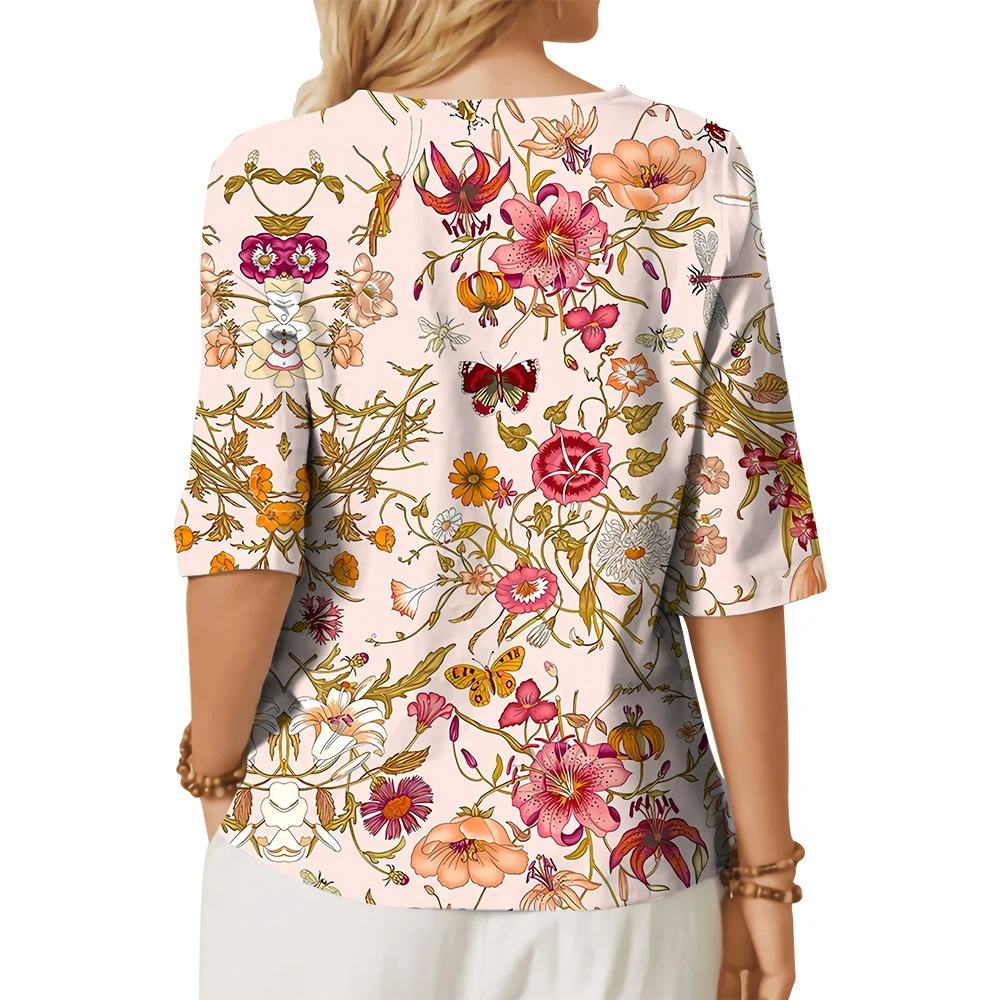 CLOOCL New Elegant Little Floral T-Shirt Women Blouses Lily Daisy Flower 3D Printed Shirt Button Decorate Middle Sleeves Tops