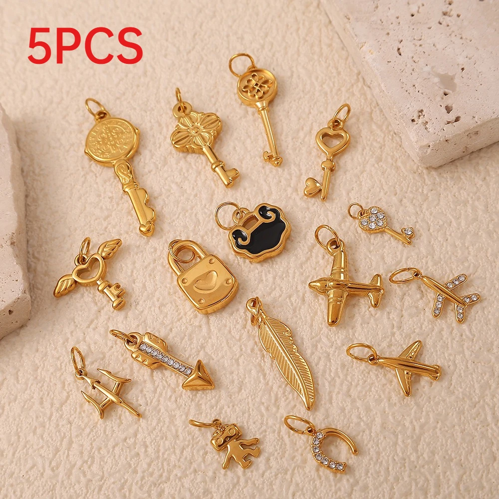 

5Pcs Mini Cute Key Shaped Stainless Steel Charms Multi Design Pendants DIY Necklace Keychain Making Accessories