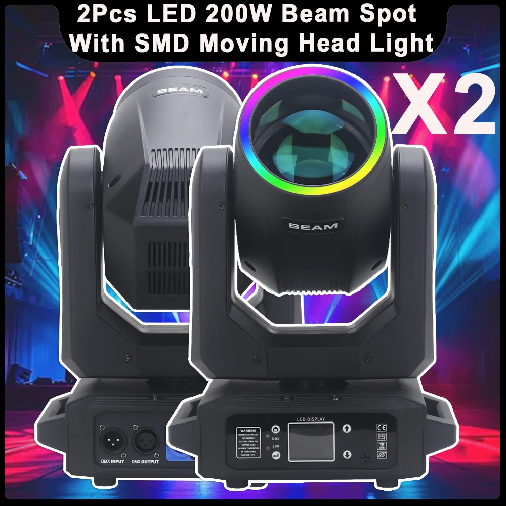 2Pcs With Ring 200W LED Moving Head Light Beam Spot 18 Prism Rainbow DJ Stage Lights DMX512 For Disco Club Stage Lighting Effect