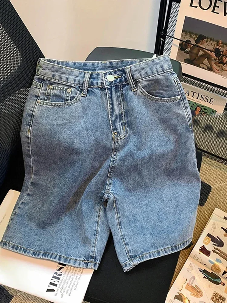 Sommer Neue Hohe Taille A-Line Casual Denim Shorts Frauen Koreanische Mode Dünne Lose Anliegende Frauen Gerade Bein Breite Bein Shorts