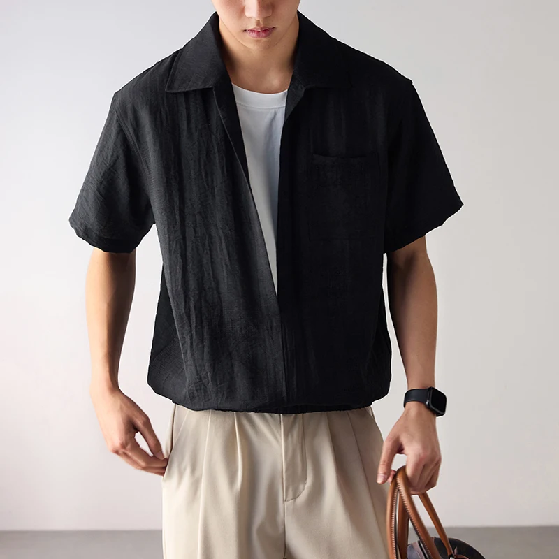 Splice Collar Summer Lightweight Breathable Shirt Men Fashion Vintage Plus Size Loose Casual Short Sleeve Pullover Shirts Tops