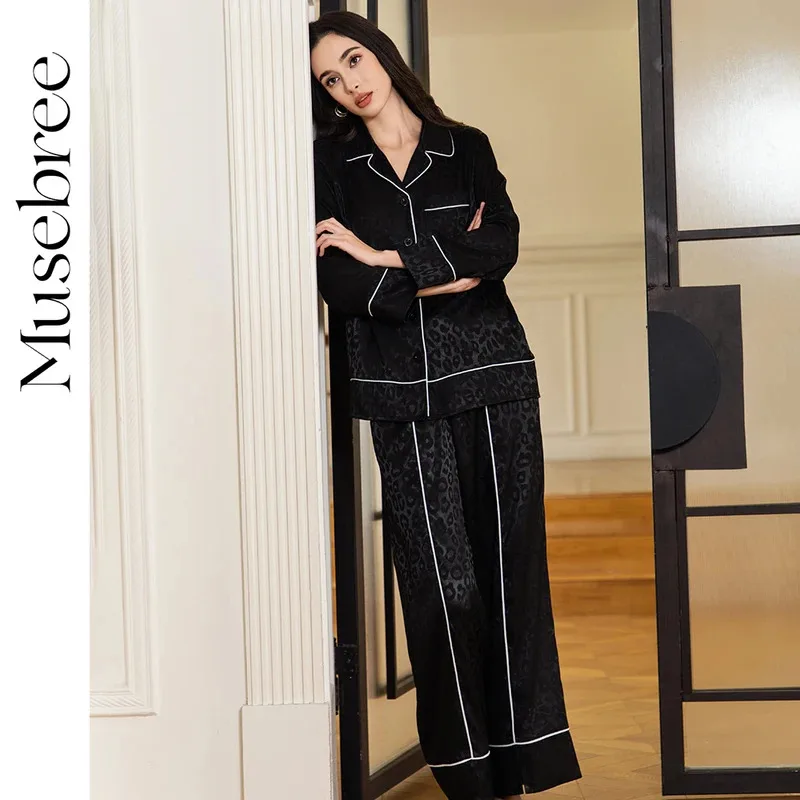 

Women's Elegant Leopard Print Pajama Sets Ladies Simply Black Long Sleeve Pajamas Spring Sleepwear Women Loungewear Set