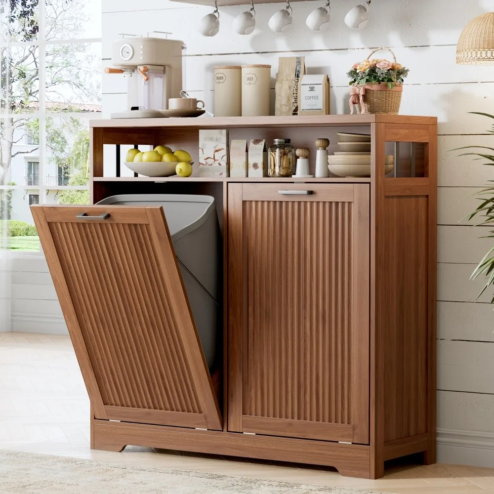 Pet Proof Double 13 Gallon Tilt Out Trash Can Cabinet with Open Storage – Hide Garbage & Recycling Bins to Keep Your