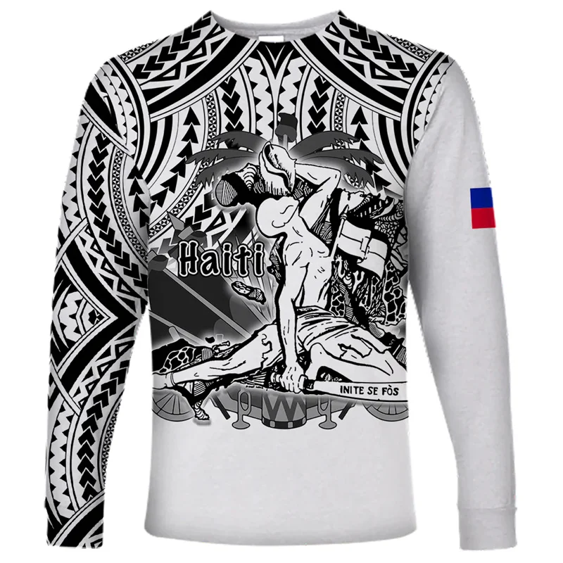 3D Printed Haiti Flag Coat Of Arms Men T Shirts Negre Marron Women Long Sleeve Tshirts Tops Kid Round Tee Shirt Men Clothes