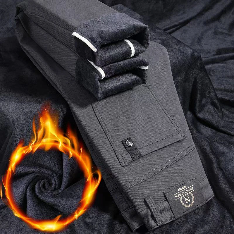 

Мужские утолщенные повседневные джинсы на флисовой подкладке, мужские удобные свободные прямые джинсовые брюки, модные саржевые теплые брюки