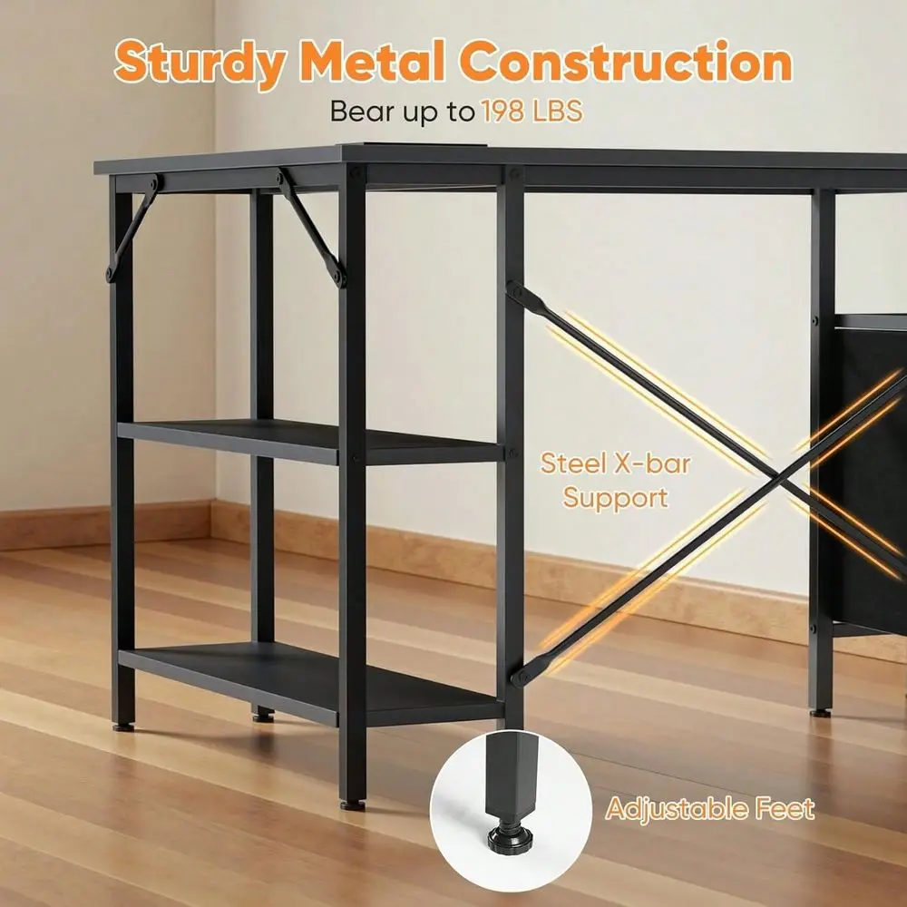 

L Shaped Desk With Shelf Drawers, White Corner Computer Desks Gaming With Power Outlet, Study Table With Adjustable Shelves, Ho