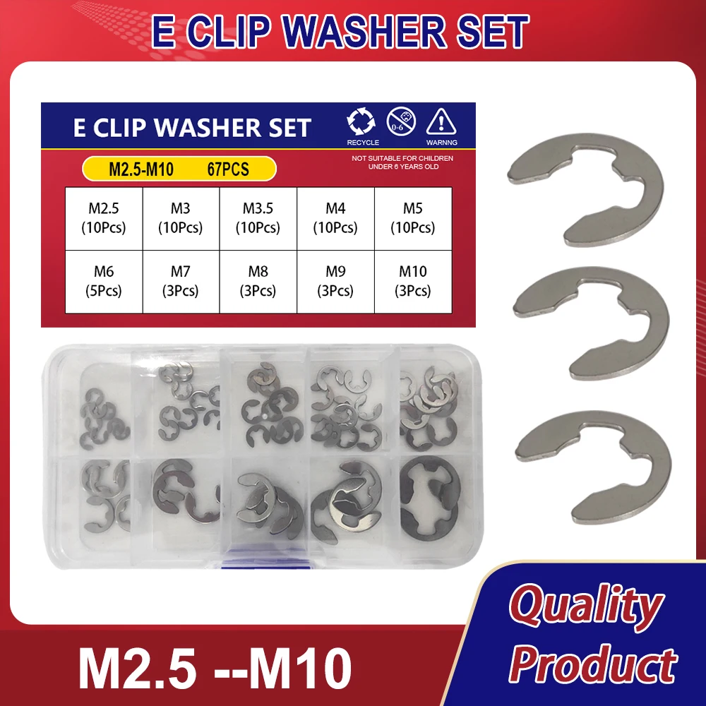 304 Stainless Steel E Clip Washer Circlip Assortment Kit  External Retaining Clip For Shaft M2.5 M3 M3.5 M4 M5 M6 M7 M8 M9 M10