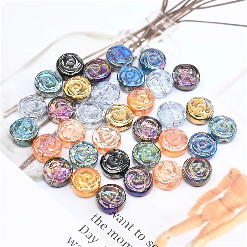 10MM Crystal Rose Beads Round Flat Glass Pendant Beads DIY Hairpin Beaded Bracelet Chain Accessories  Material 30pcs/Pack