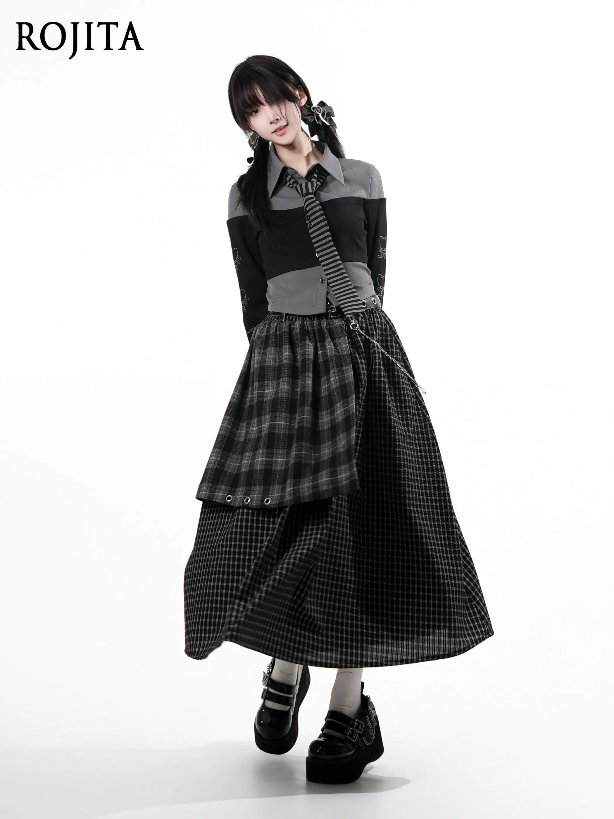 

Gray Color-blocked Springsummer Short Jacket Women Plaid Straight-leg Pants Faux Two-piece Shirt Round-neck Long-sleeve T-shirt