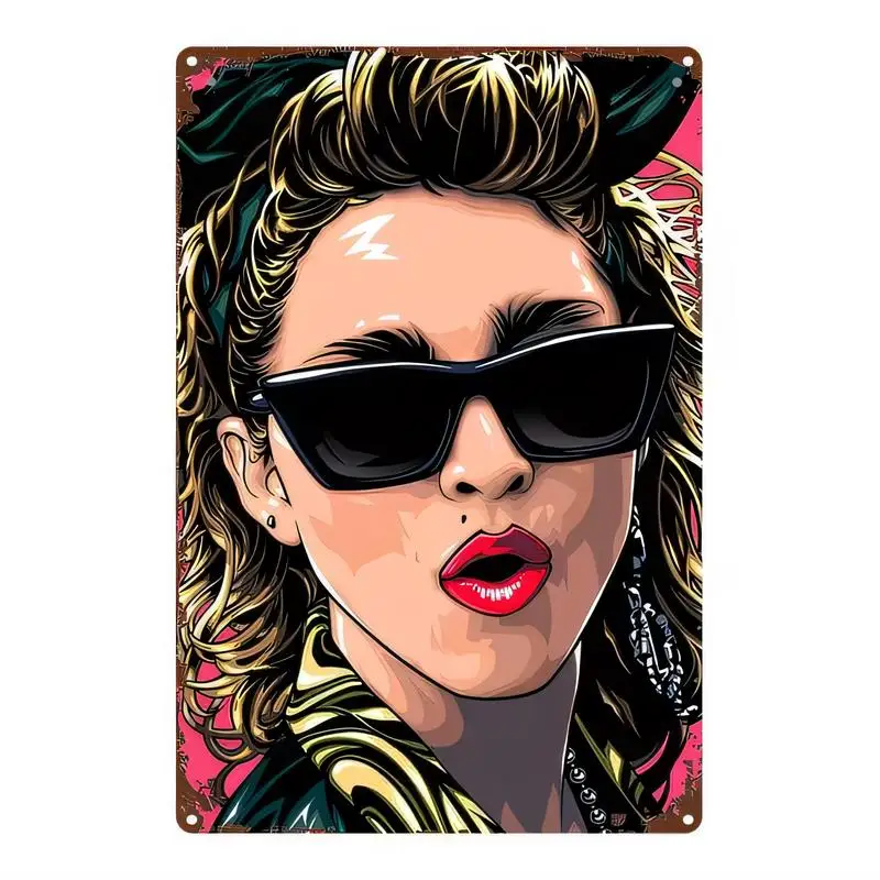 Vintage Pop Art Woman Metal Tin Sign - 2D Retro Distressed Wall Decor (Sunglasses, Red Lips, Curly Hair), Iron, Pink/Gold, Perfe