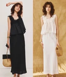 Women Square Collar Hollow Out Decoration Slim Camisole + Long Skirt Set