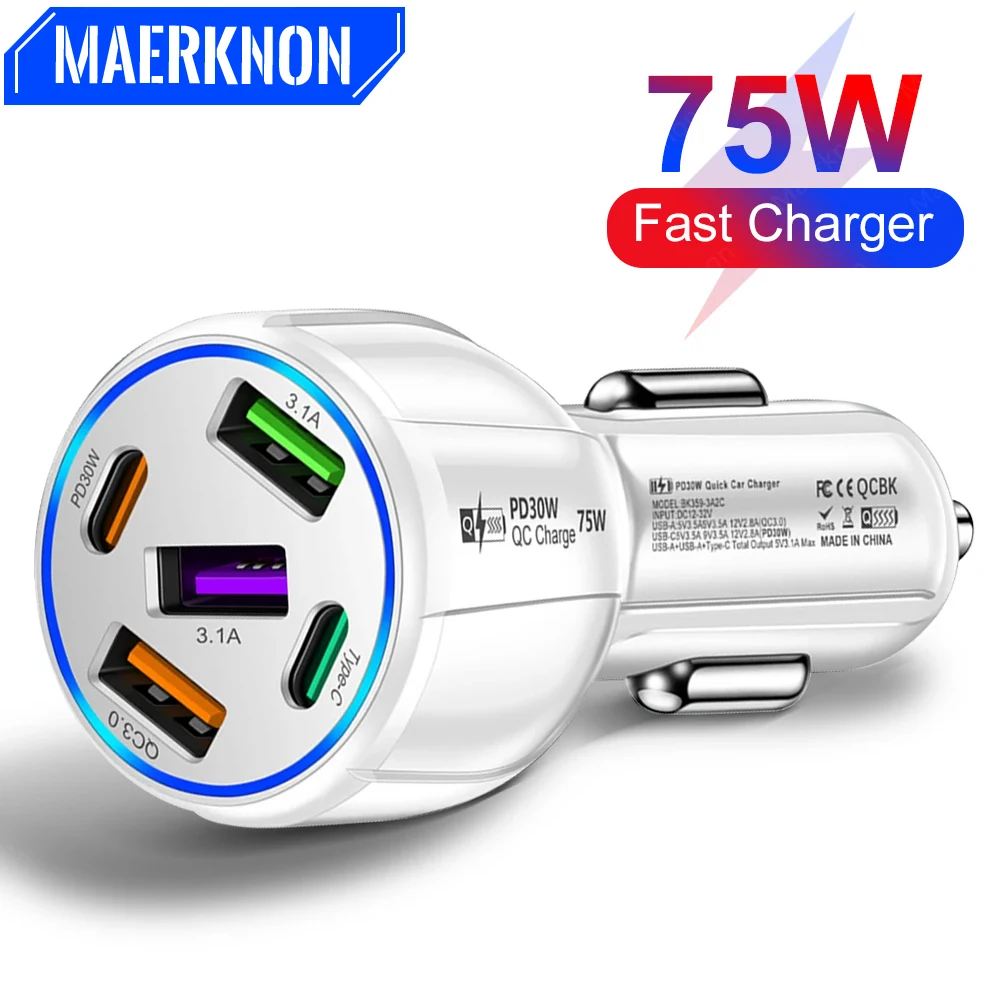 75W USB PD Car Charger 5 Ports Fast Charging Type C Phone Charger Adapter For iPhone Xiaomi Samsung Huawei USB C Charger In Car