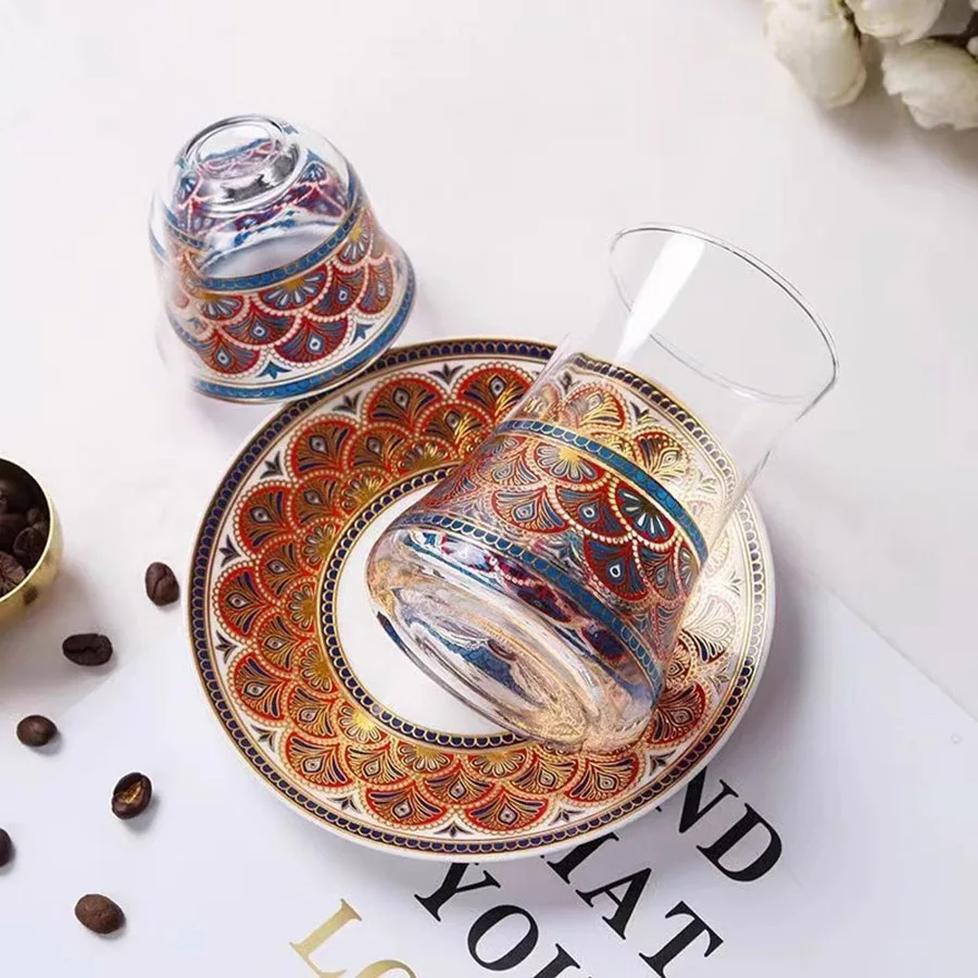 High-Grade Turkish style Red Gold heat-resistant glass coffee cup tea cup set with Saucers Spoon Drinkware Set Gift Packing